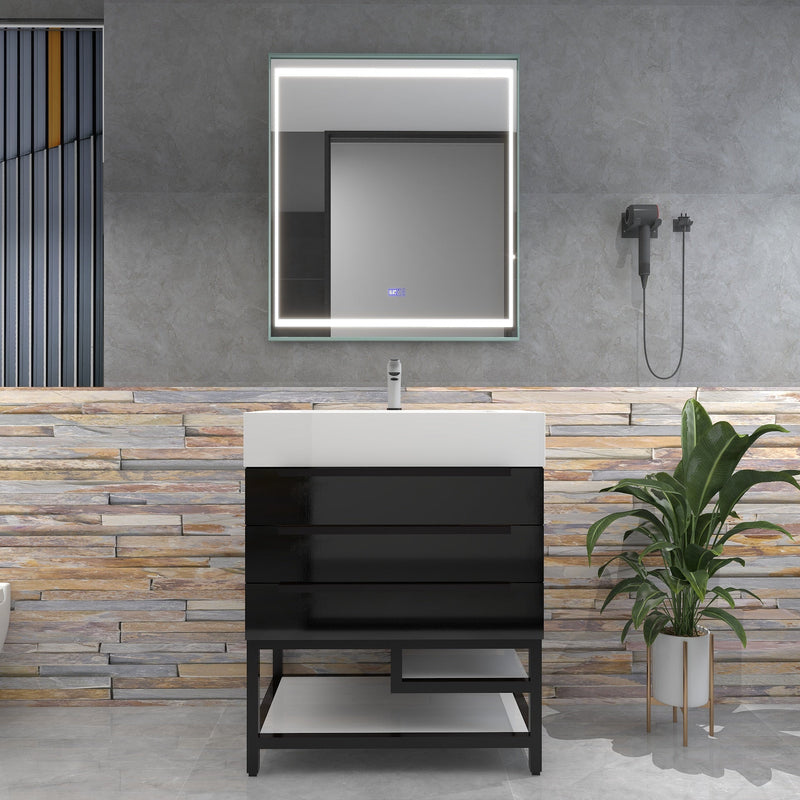 Bethany 30" Freestanding Bathroom Vanity with Reinforced Acrylic Sink in Gloss Black with Black Handles | Better Vanity Bath Vanities