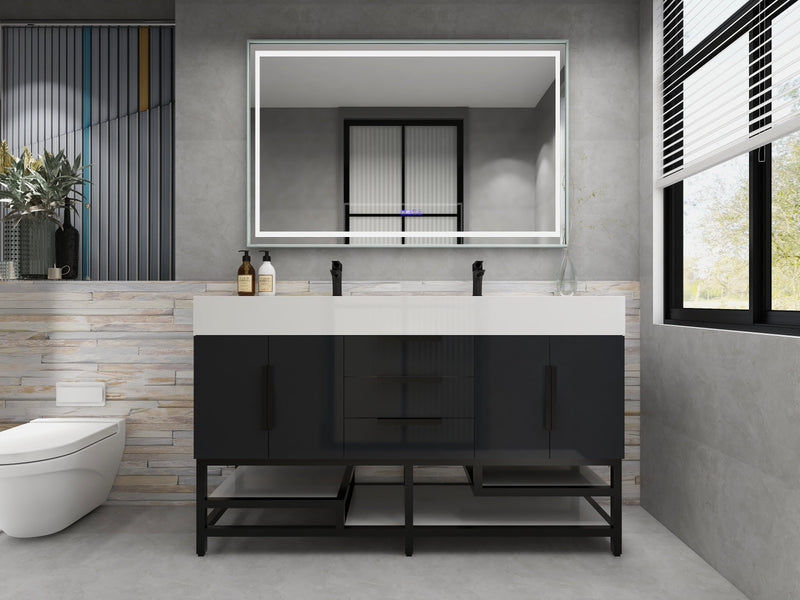 Bethany 60" Freestanding Bathroom Vanity with Reinforced Acrylic Sink in Gloss Gray with Black Handles | Better Vanity Bath Vanities