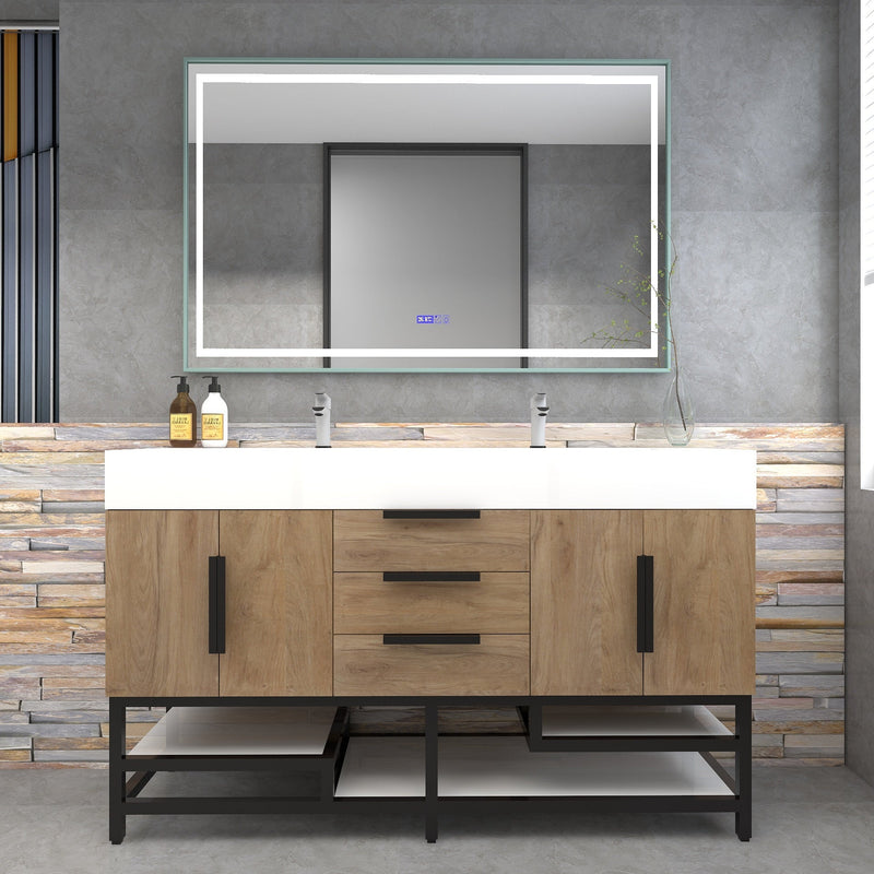 Bethany 60" Freestanding Bathroom Vanity with Reinforced Acrylic Double Sink in White Oak with Black Handles | Better Vanity Bath Vanities