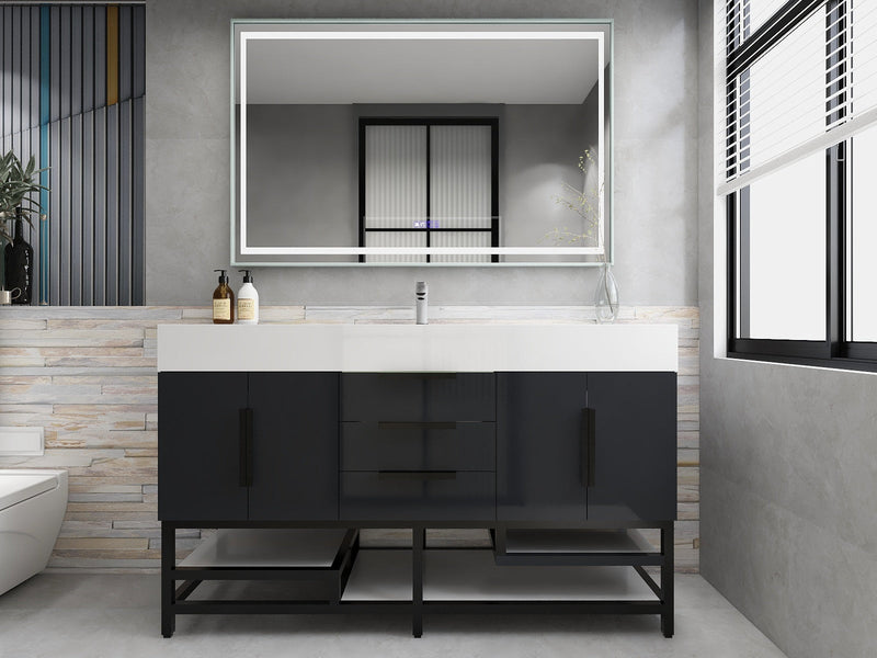 Bethany 60" Freestanding Bathroom Vanity with Reinforced Acrylic Sink in Gloss Gray with Black Handles | Better Vanity Bath Vanities