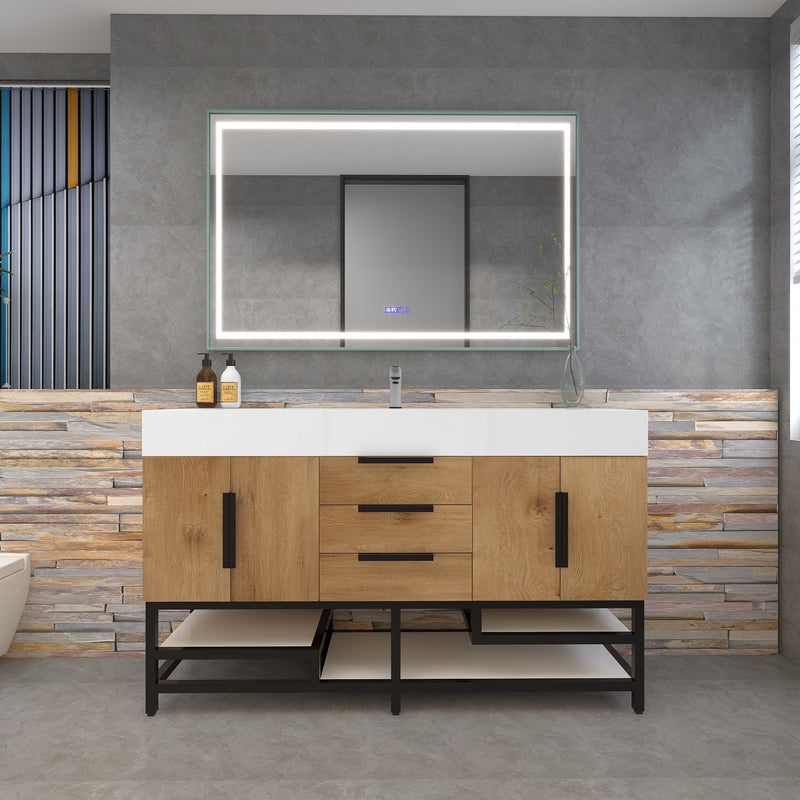 Bethany 60" Freestanding Bathroom Vanity with Reinforced Acrylic Sink in Teak Oak with Black Handles | Better Vanity Bath Vanities