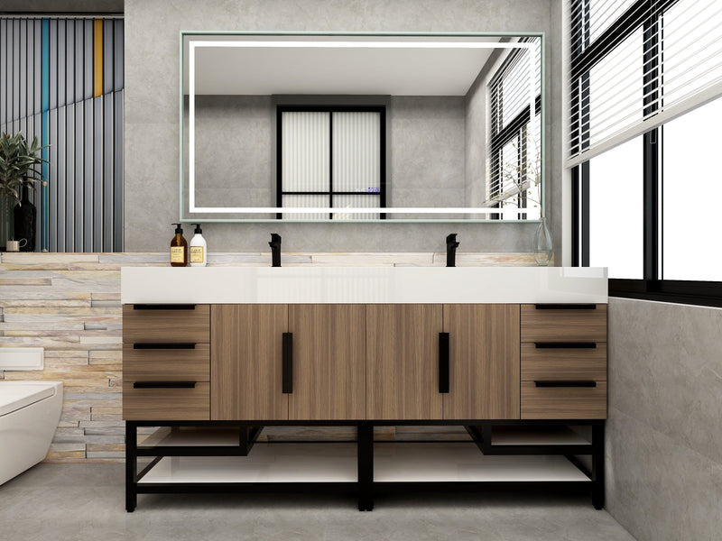 Bethany 72" Freestanding Bathroom Vanity with Reinforced Acrylic Double Sink in Rosewood with Black Handles | Better Vanity Bath Vanities