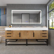 Bethany 84" Freestanding Bathroom Vanity with Reinforced Acrylic Double Sink in Teak Oak with Black Handles | Better Vanity Bath Vanities