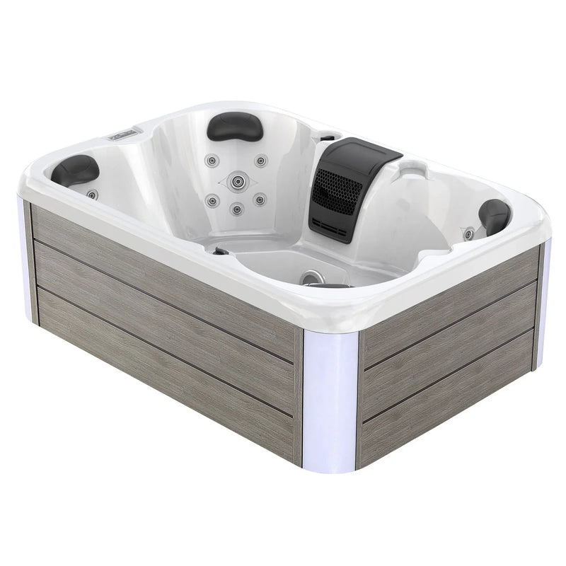 White and gray hot tub with multiple jets, black headrests, and a built-in sound system or control panel.
