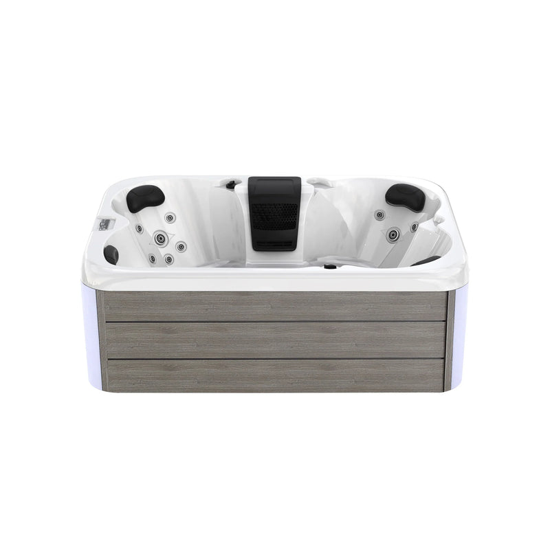 White hot tub with gray wooden exterior and multiple hydrotherapy jets, featuring black headrests and a central control panel.