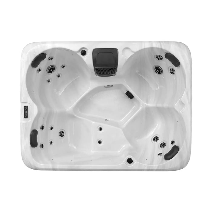 White hot tub with multiple molded seats, jet nozzles, and a control panel, viewed from above.