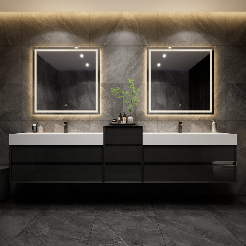 Max 116" Black Gloss Floating Wall-Mounted Bathroom Vanity with Double Acrylic FLX Sink | Better Vanity Modern Minimal Luxury Bathroom Vanities | Los Angeles, CA USA