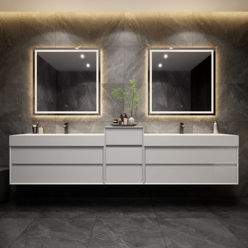 Max 116" Gloss White Floating Wall-Mounted Bathroom Vanity with Double Acrylic FLX Sink | Better Vanity Modern Minimal Luxury Bathroom Vanities | Los Angeles, CA USA