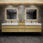 Max 116" Teak Oak Floating Wall-Mounted Bathroom Vanity with Double Acrylic FLX Sink | Better Vanity Modern Minimal Luxury Bathroom Vanities | Los Angeles, CA USA