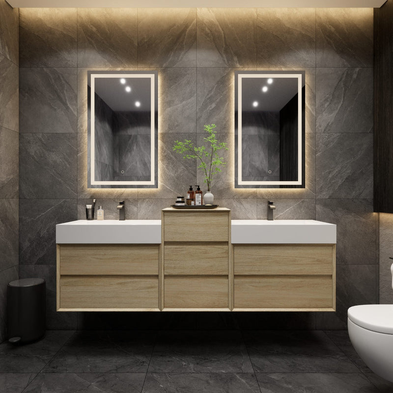 Max 92" Coffee Wood Bathroom Vanity with Double Acrylic FLX Sink + Middle Side Cabinet | Better Vanity USA