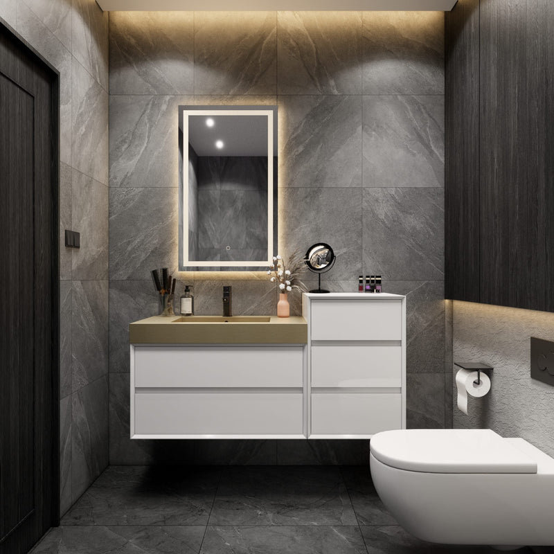 Max 44" Gloss White Floating Wall-Mounted Bathroom Vanity Sink & Medicine Cabinet with Max Gold Stainless Steel Sink | Better Vanity Modern Minimal Luxury Bathroom Vanities | Los Angeles, CA USA