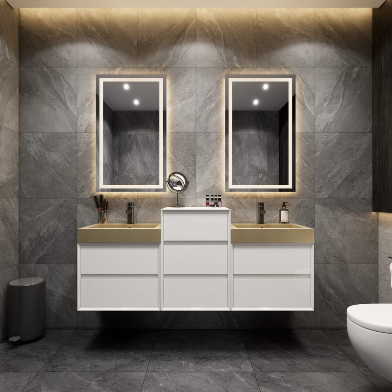 Max 92" Gloss White Floating Wall-Mounted Bathroom Vanity Sink & Medicine Cabinet with Max Gold Stainless Steel Double Sink | Better Vanity Modern Minimal Luxury Bathroom Vanities | Los Angeles, CA USA