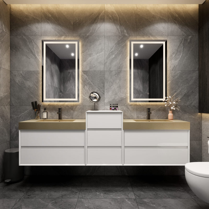 Max 116" Gloss White Floating Wall-Mounted Bathroom Vanity Sink & Medicine Middle Cabinet with Max Gold Stainless Steel Double Sink | Better Vanity Modern Minimal Luxury Bathroom Vanities | Los Angeles, CA USA