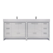 White bathroom vanity with multiple drawers and a countertop on a white background