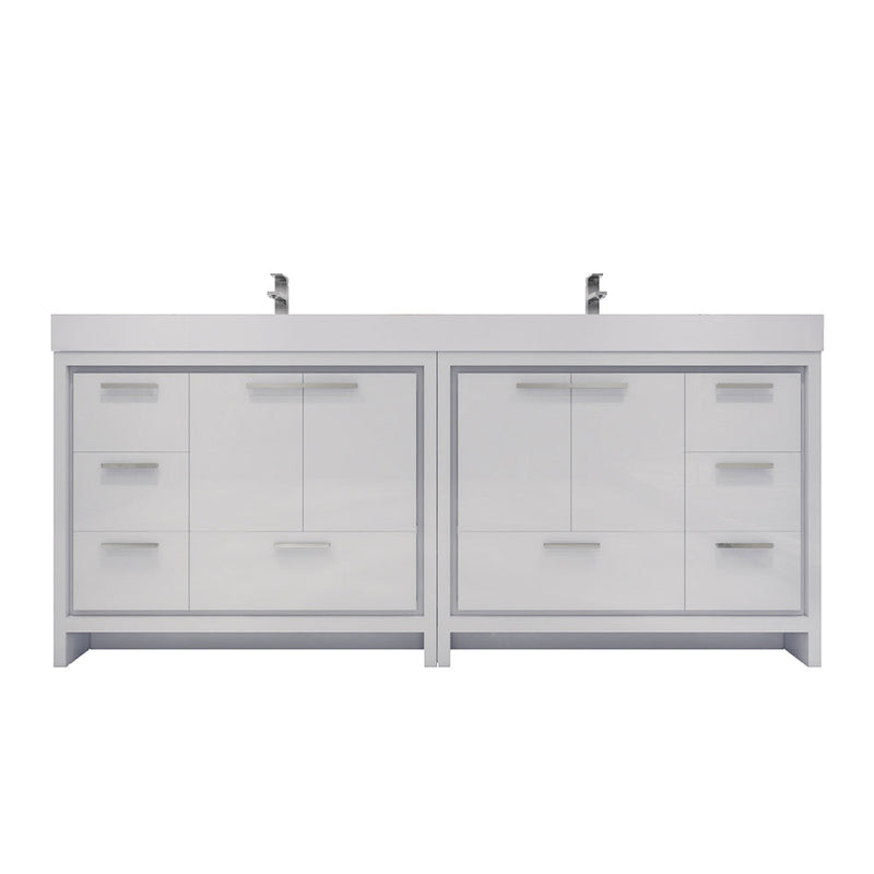 White bathroom vanity with multiple drawers and a countertop on a white background