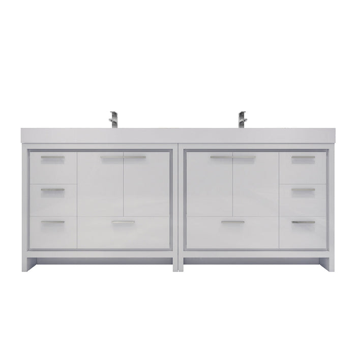 White bathroom vanity with multiple drawers and a countertop on a white background