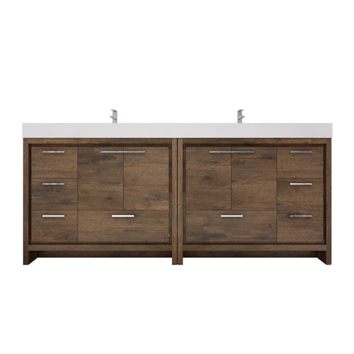 Wooden bathroom vanity with white countertop on a white background