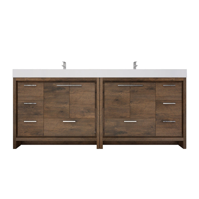 Wooden bathroom vanity with white countertop on a white background