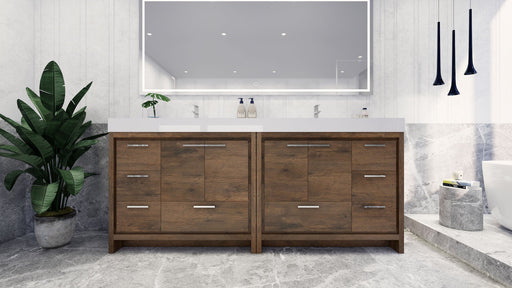 Bathroom vanity with wooden cabinets, white countertop, and decorative elements.