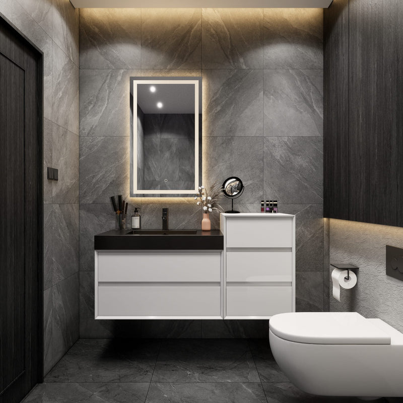 Max 44" Gloss White Floating Wall-Mounted Bathroom Vanity Sink with Max Black Stainless Steel Sink & Side Cabinet | Better Vanity Modern Minimal Luxury Bathroom Vanities | Los Angeles, CA USA