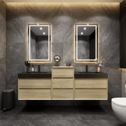 Max 80" Teak Oak Floating Wall-Mounted Bathroom Vanity Sink and Middle Cabinet with Max Black Stainless Steel Double Sink | Better Vanity Modern Minimal Luxury Bathroom Vanities | Los Angeles, CA USA