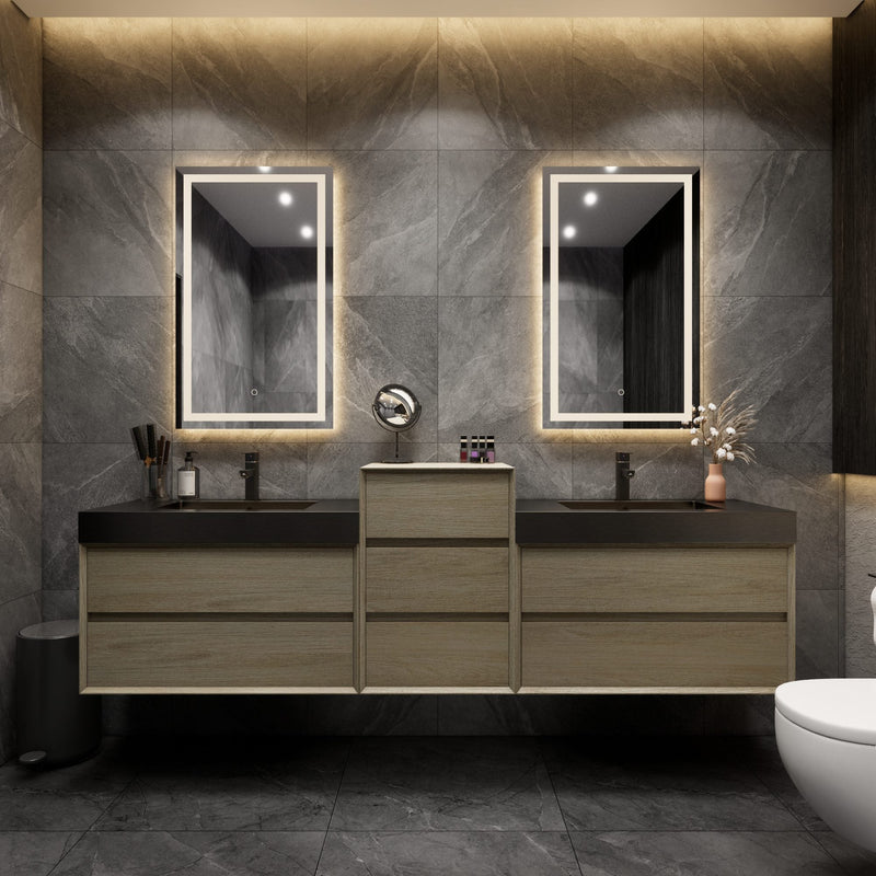 Max 92" Coffee Wood Floating Wall-Mounted Bathroom Vanity Sink and Middle Cabinet with Max Black Stainless Steel Double Sink | Better Vanity Modern Minimal Luxury Bathroom Vanities | Los Angeles, CA USA