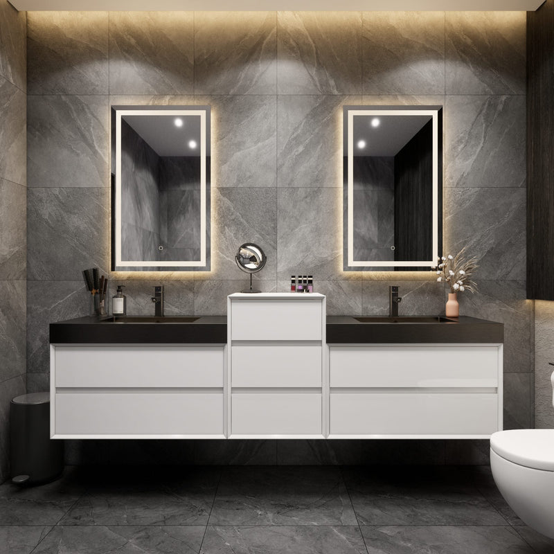 Max 92" Gloss White Floating Wall-Mounted Bathroom Vanity Sink and Middle Cabinet with Max Black Stainless Steel Double Sink | Better Vanity Modern Minimal Luxury Bathroom Vanities | Los Angeles, CA USA