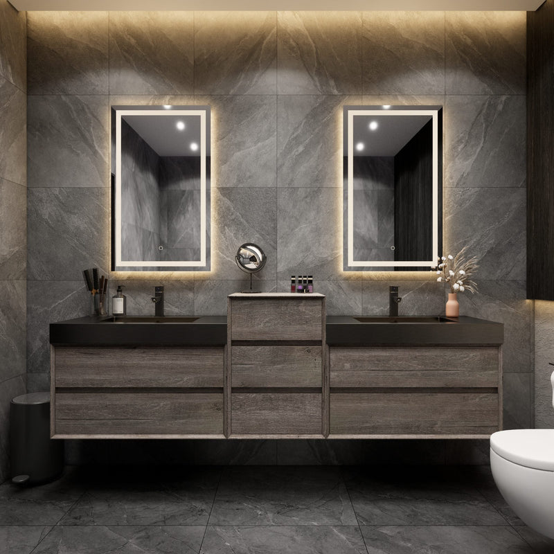 Max 92" Gray Oak Floating Wall-Mounted Bathroom Vanity Sink and Middle Cabinet with Max Black Stainless Steel Double Sink | Better Vanity Modern Minimal Luxury Bathroom Vanities | Los Angeles, CA USA