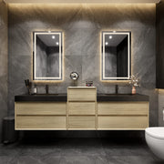 Max 92" Teak Oak Floating Wall-Mounted Bathroom Vanity Sink and Middle Cabinet with Max Black Stainless Steel Double Sink | Better Vanity Modern Minimal Luxury Bathroom Vanities | Los Angeles, CA USA