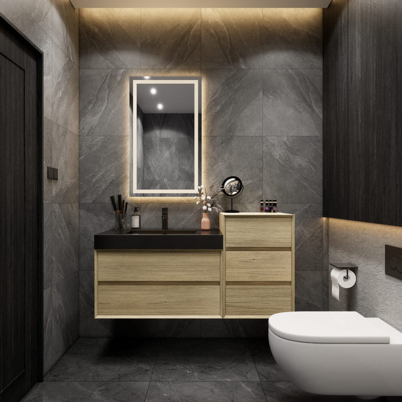 Max 68" Teak Oak Floating Wall-Mounted Bathroom Vanity Sink and Side Cabinet with Max Black Stainless Steel Sink | Better Vanity Modern Minimal Luxury Bathroom Vanities | Los Angeles, CA USA