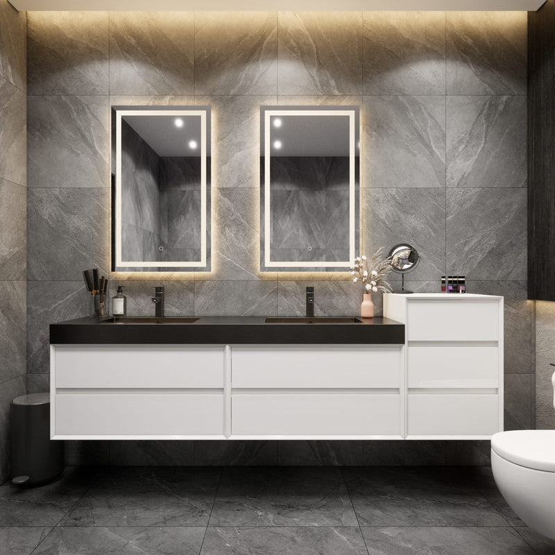 Max 80" Gloss White Floating Wall-Mounted Bathroom Vanity Sink and Side Cabinet with Max Black Stainless Steel Double Sink | Better Vanity Modern Minimal Luxury Bathroom Vanities | Los Angeles, CA USA
