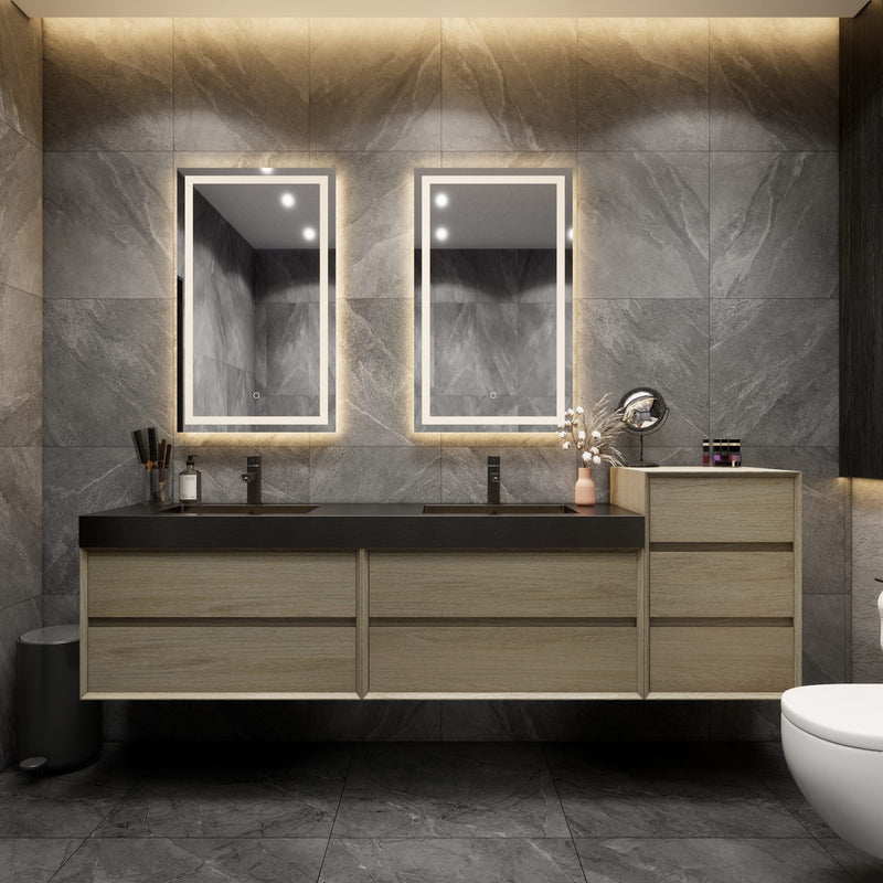 Max 80" Coffee Wood Floating Wall-Mounted Bathroom Vanity Sink and Side Cabinet with Max Black Stainless Steel Double Sink | Better Vanity Modern Minimal Luxury Bathroom Vanities | Los Angeles, CA USA