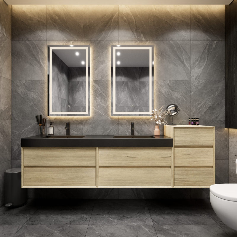 Max 80" Teak Oak Floating Wall-Mounted Bathroom Vanity Sink and Side Cabinet with Max Black Stainless Steel Double Sink | Better Vanity Modern Minimal Luxury Bathroom Vanities | Los Angeles, CA USA