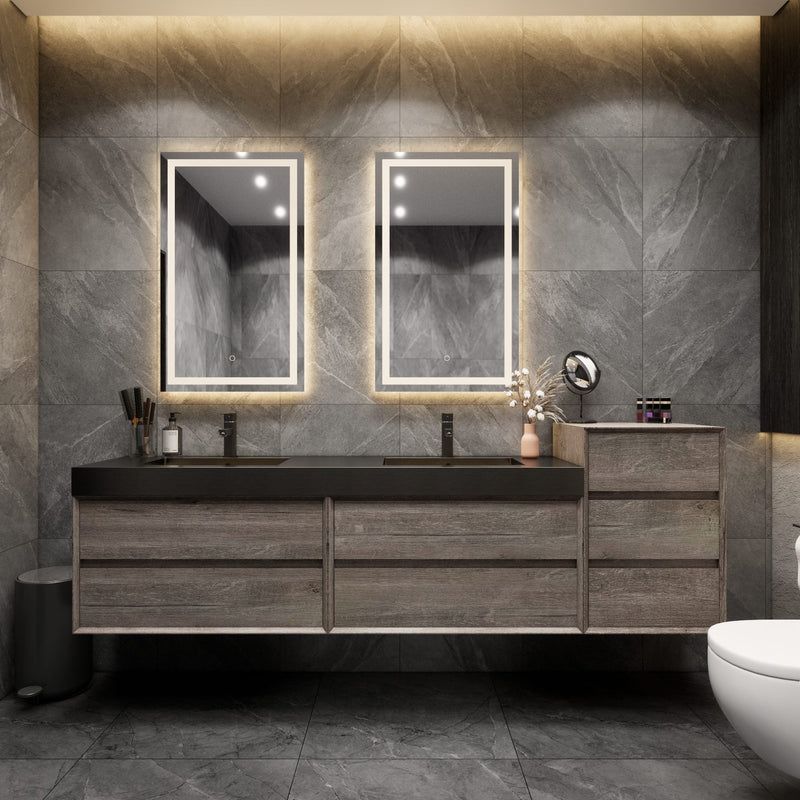 Max 92" Gray Oak Floating Wall-Mounted Bathroom Vanity Sink and Side Cabinet with Max Black Stainless Steel Double Sink | Better Vanity Modern Minimal Luxury Bathroom Vanities | Los Angeles, CA USA