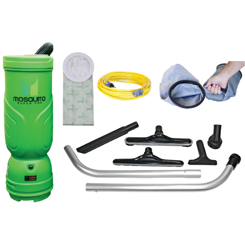 Mosquito HEPA Construction Backpack Vacuum green with accessories layout.