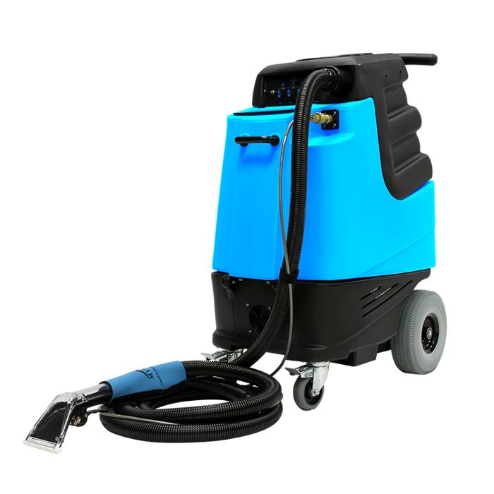 Mytee Hp120 Grand Prix automotive extractor angled view blue body black base hose attached
