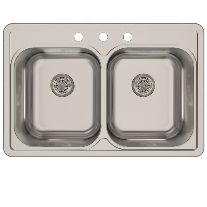 Nantucket sinks NS3322-DE-8 33 inch double bowl equal self rimming stainless steel drop in kitchen sink, 18 gauge