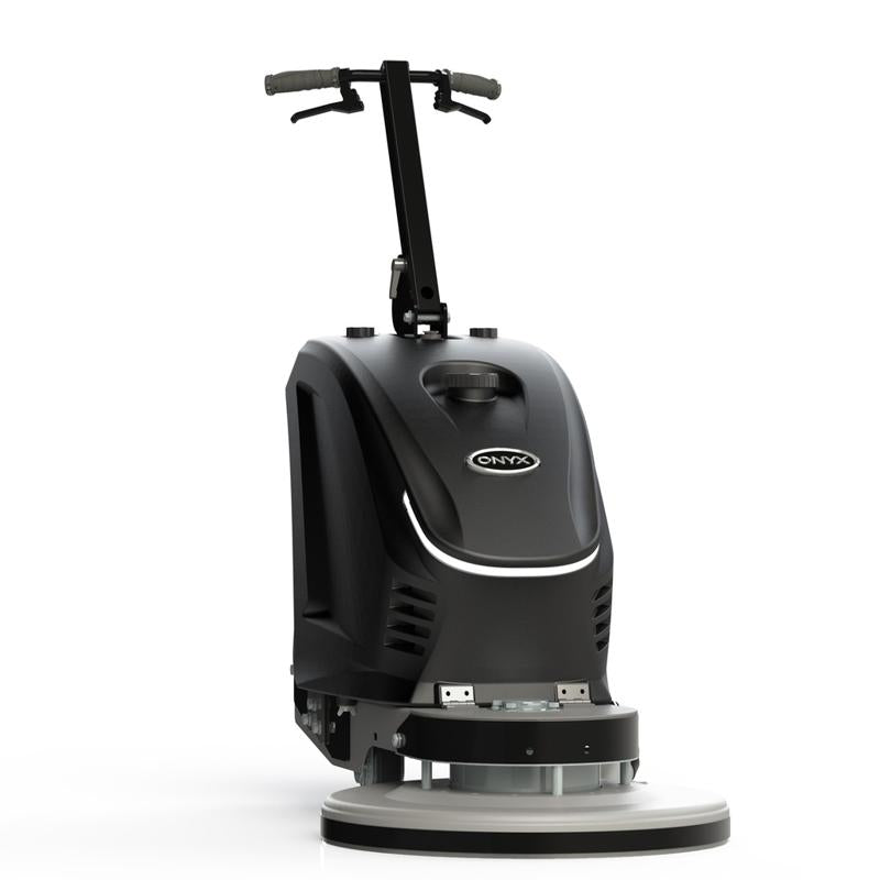 Onyx 21 Inch Lithium Ion Powered Floor Burnisher With Two Battery angled view black case.