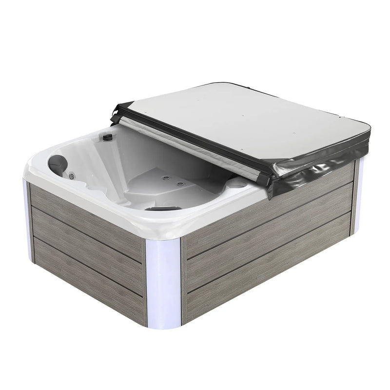 White and gray hot tub with black cover, featuring wood-textured side panels and multiple water jets.