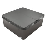 Gray hot tub cover, square-shaped with rounded corners, closed and fitted tightly over a spa or jacuzzi base.