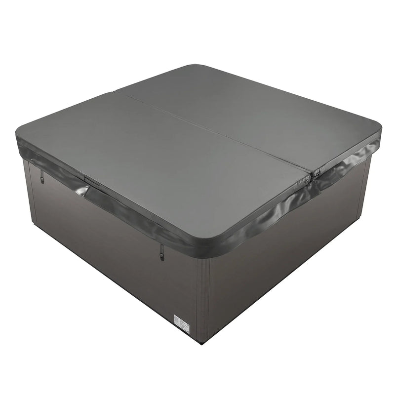 Gray hot tub cover, square-shaped with rounded corners, closed and fitted tightly over a spa or jacuzzi base.