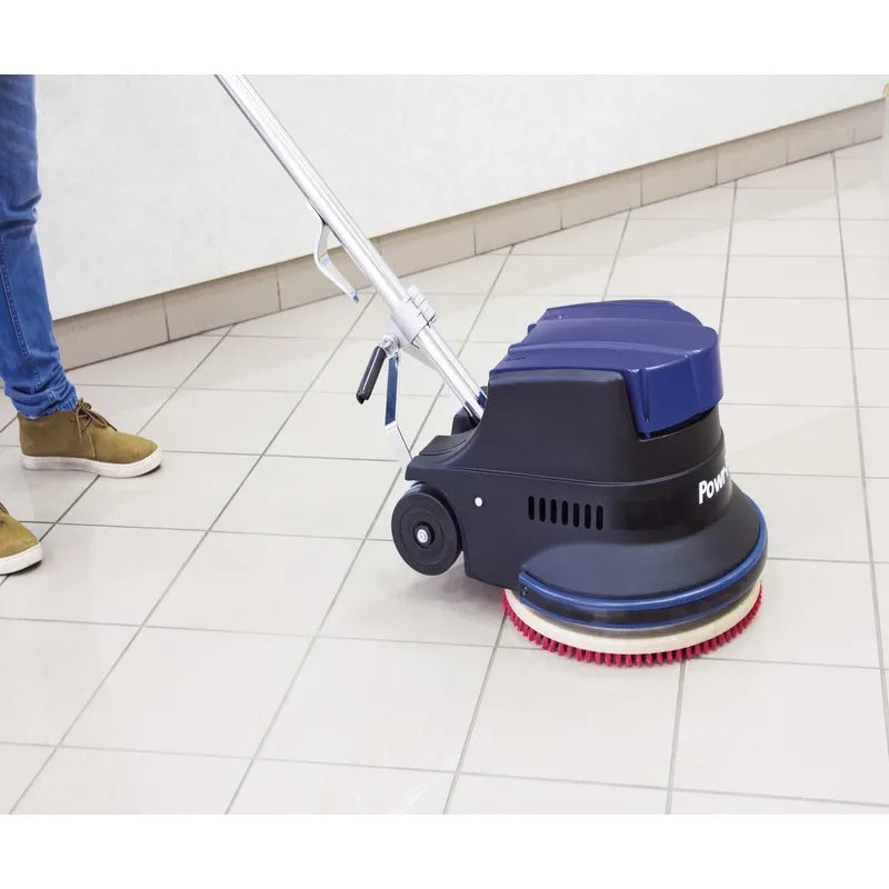 Powr-Flite Millennium Edition 20 Inch Floor Machine operator using machine on tile floor.
