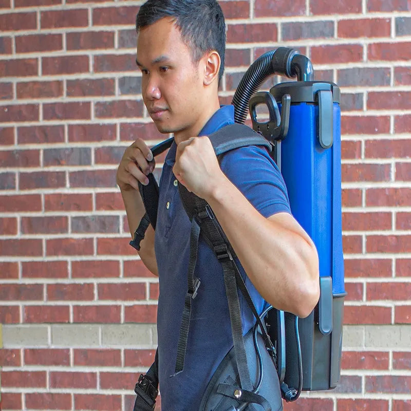 Powr Flite Pro Lite Backpack Vacuum 4 qt BP4S adjusting backpack vacuum harness outside.