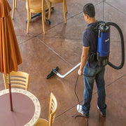 Powr Flite Pro Lite Backpack Vacuum 4 qt BP4S cafe floor cleaning with backpack vacuum.