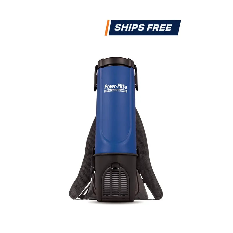 Powr Flite Pro Lite Backpack Vacuum 4 qt BP4S product front view with free shipping banner.