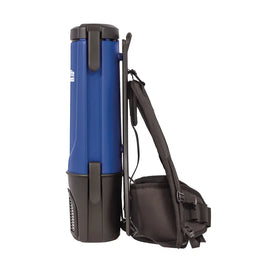 Powr Flite Pro Lite Backpack Vacuum 4 qt BP4S product side view with harness on left.