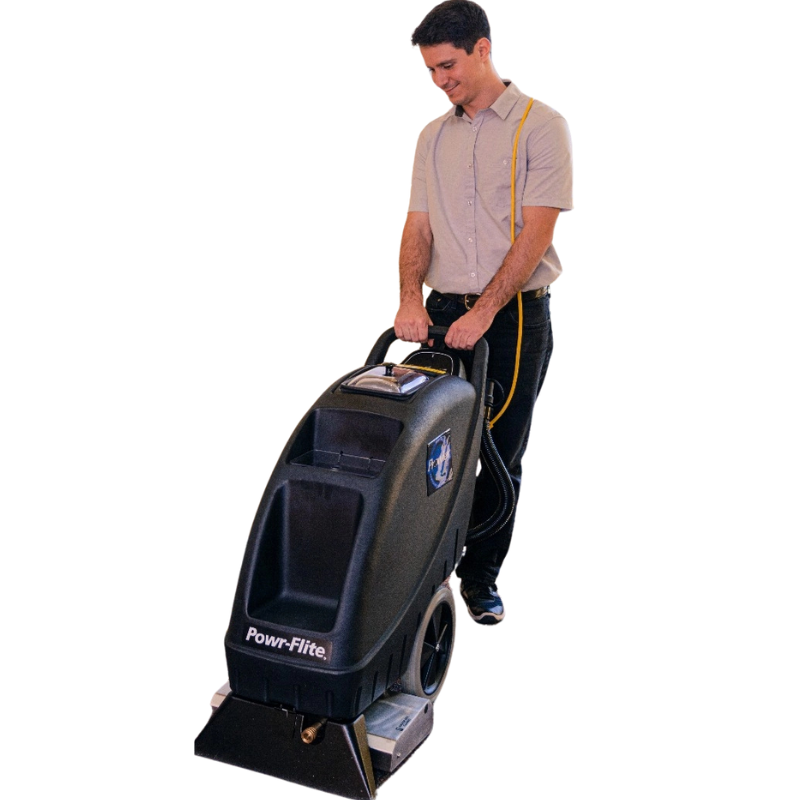 Powr-Flite Prowler 9 Gallon Self Contained Carpet Extractor PFX900S person operating machine.