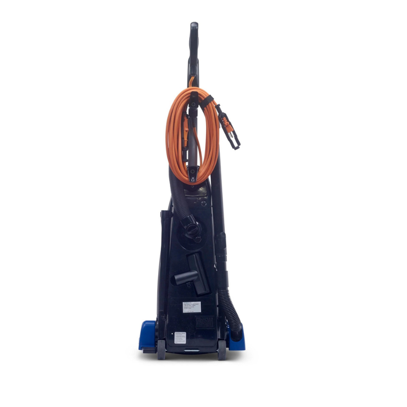 Powr Flite Rigel Deluxe Upright Vacuum w Onboard Tools PV130 W14 U angled closeup of blue vacuum head with branding.
