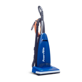 Powr Flite Rigel Deluxe Upright Vacuum w Onboard Tools PV130 W14 U operator using vacuum cleaner in office setting.