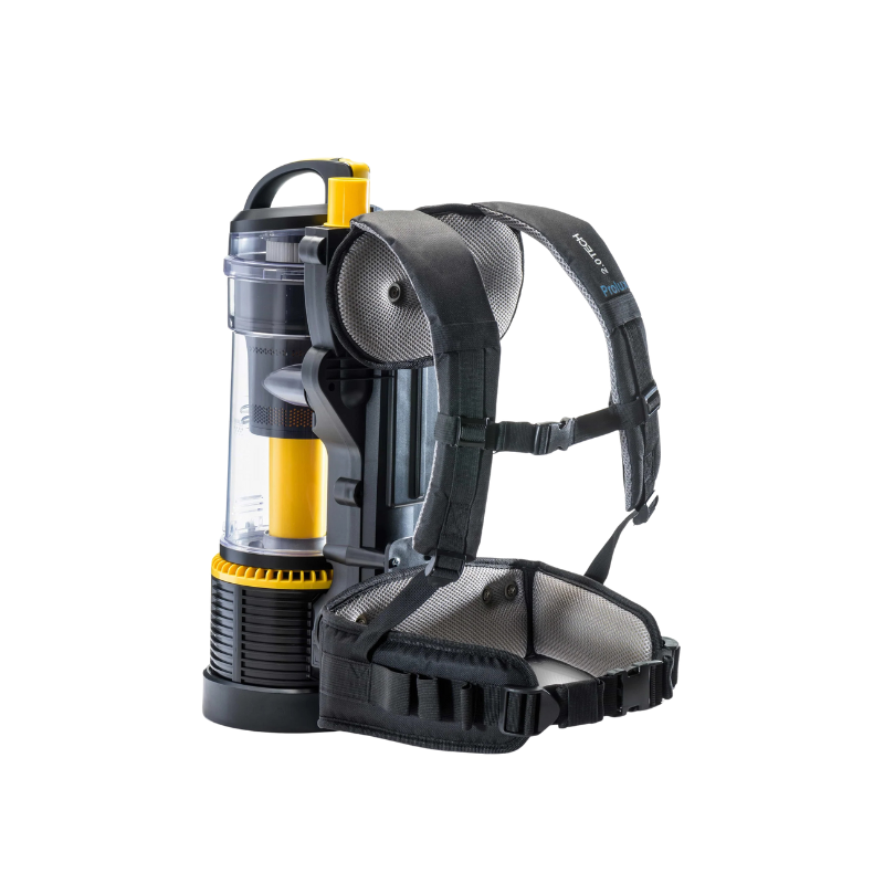 Prolux 2.0 Commercial Bagless Upright Backpack Vacuum angled view black harness yellow handle.